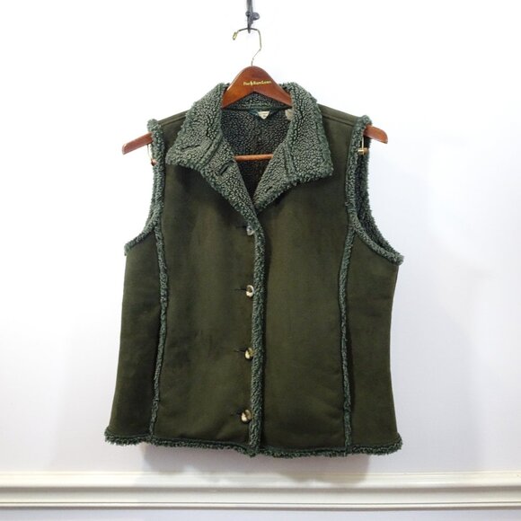 L.L. Bean Jackets & Blazers - LL Bean Women's Vest Sz Large Green Faux Suede Sherpa Lined Gorpcore Pockets